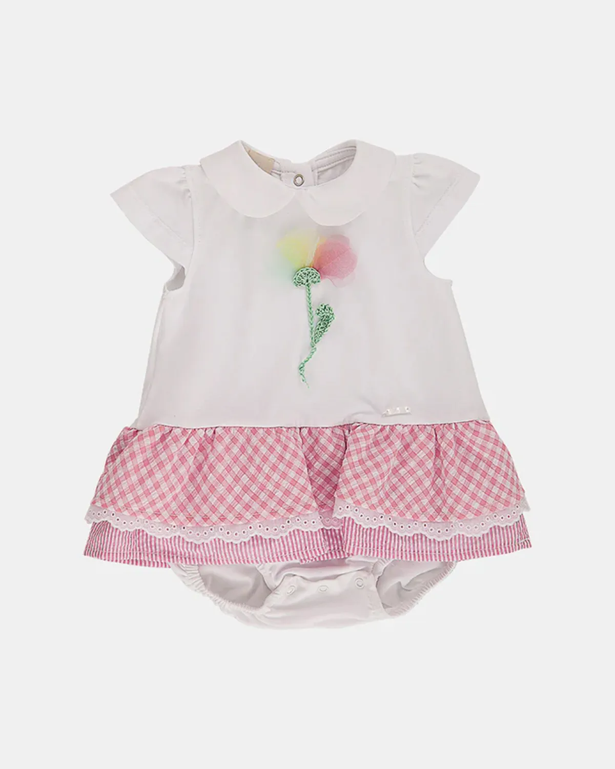 Abito pagliaccetto bianco in cotone stretch a maniche corte con applicazione floreale e gonna in fantasia vichy e righe rosa 3-9