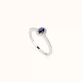 ALFYO Anello Zaffiro Ovale Contorno di Diamanti in Oro Bianco