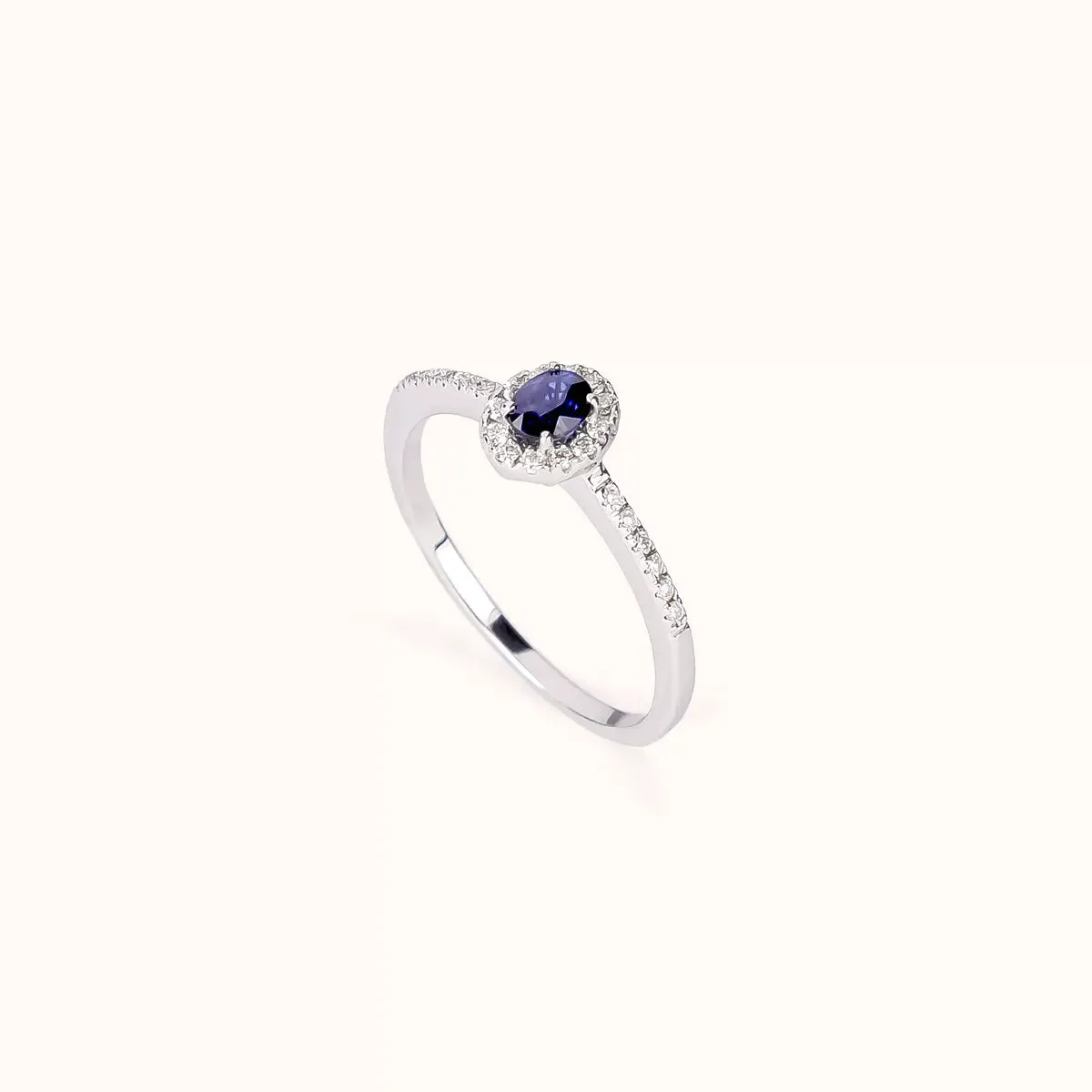 ALFYO Anello Zaffiro Ovale Contorno di Diamanti in Oro Bianco