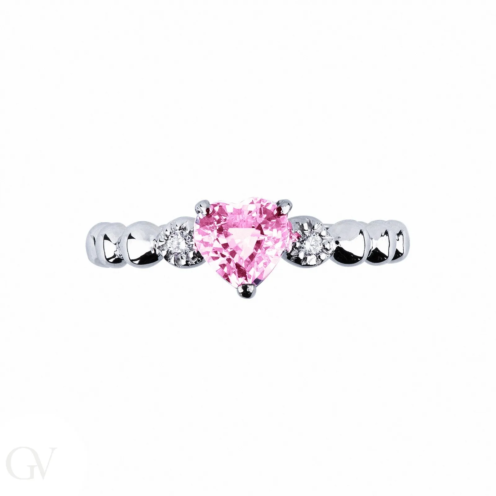 Anello in oro bianco 18k con zaffiro rosa a cuore e diamanti laterali