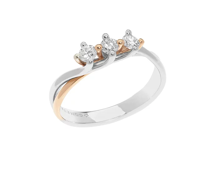Anello Pegni d’amore, trilogy in oro bianco, oro rosa e diamanti.