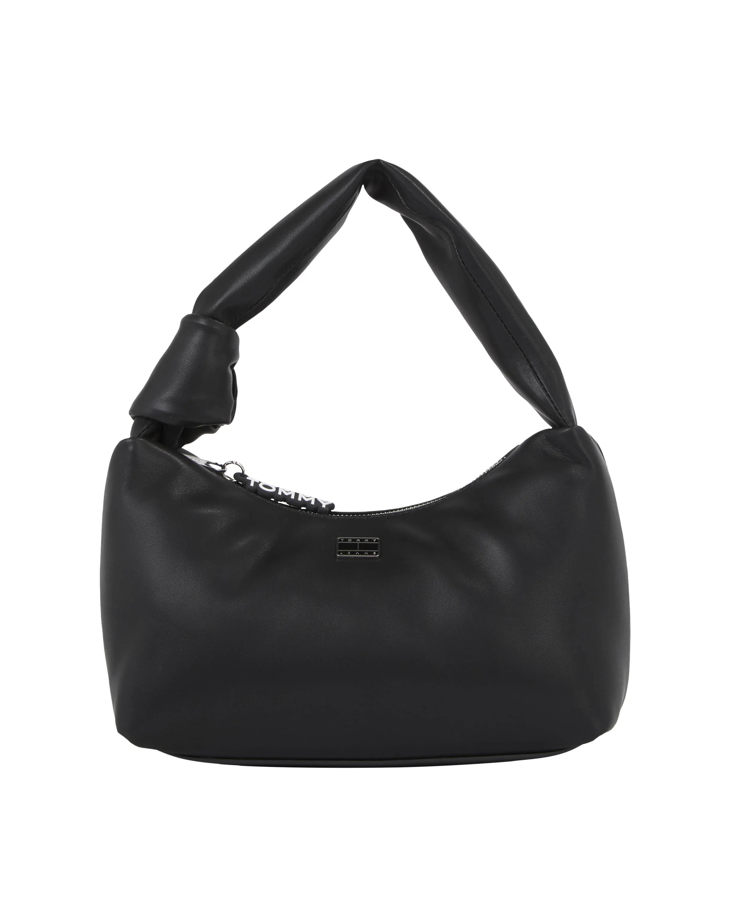 Borsa nera a spalla in similpelle liscia con tracolla imbottita con dettaglio nodo