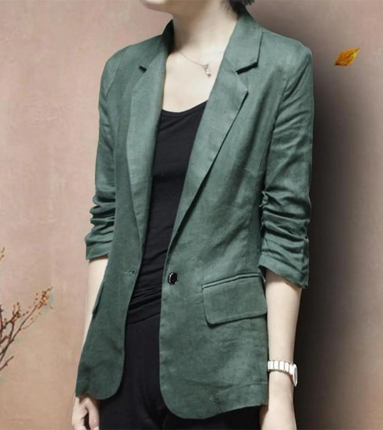 Cappotto con colletto dentellato in lino di cotone sottile da donna casual a tre quarti con bottone singolo casual di nuovo arri