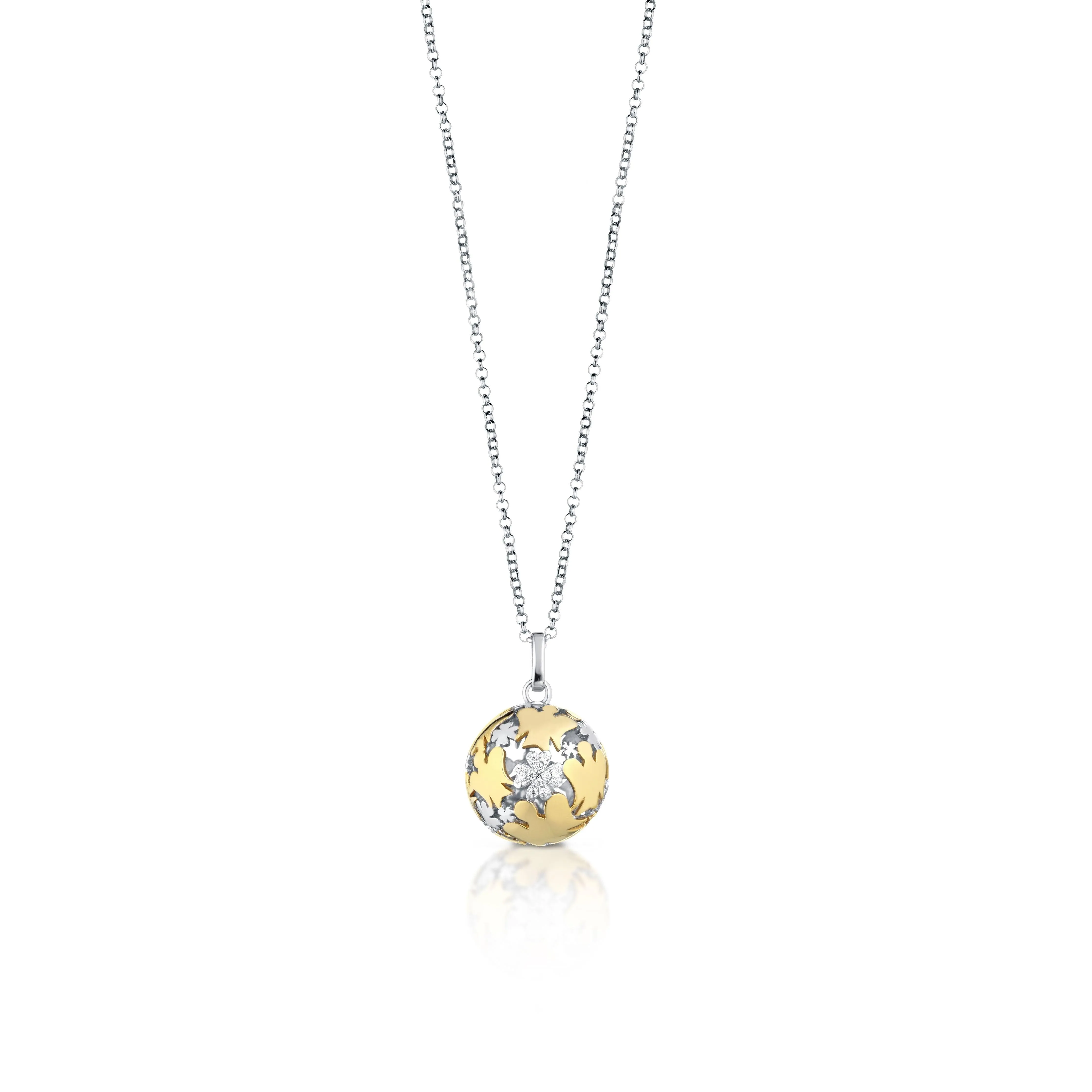 Collana Chiama Angeli In Argento Bianco E Giallo Con Quadrifoglio e Zirconi