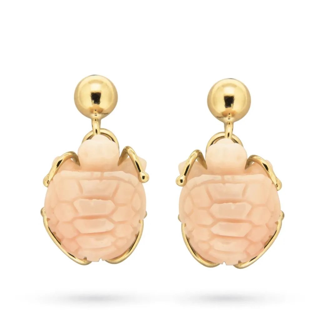 Orecchini tartaruga in corallo rosa e oro giallo 18kt