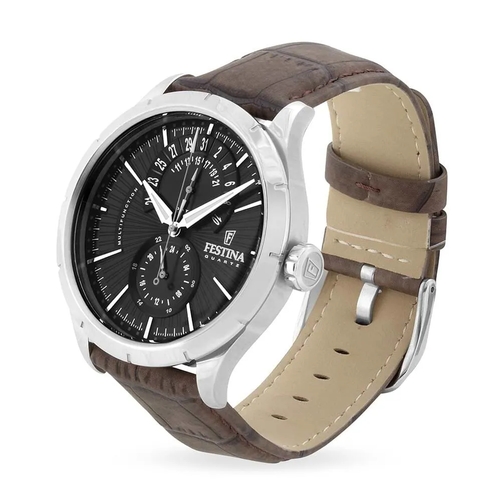 Orologio Al Quarzo Festina Multifunction F16573/4 Cassa Rotonda Acciaio Argentato 46 mm Quadrante Nero Cinturino Pelle Marrone
